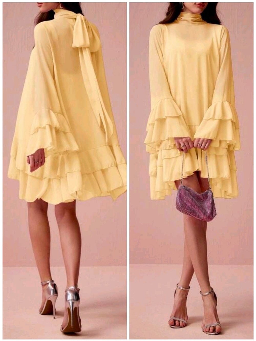 New Glam Chiffon Layered Ruffle Flare Sleeve Mini Dress Yellow